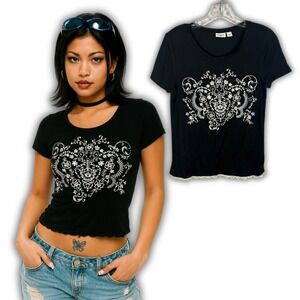 Y2K Black Graphic S Tee Floral Embroidered Top Stretchy Baby Tee Retro 90s 2000s